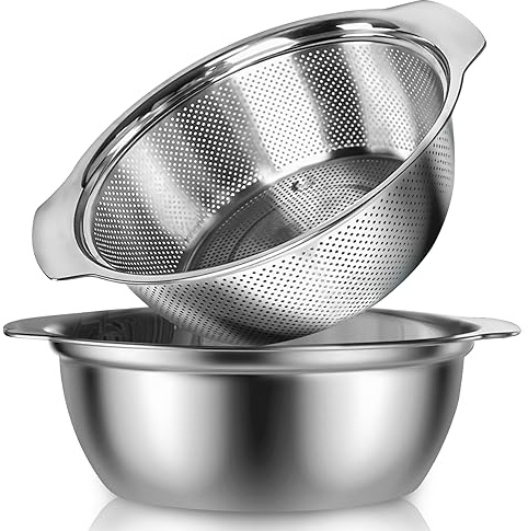 POJORY 304 Stainless Steel Colander With Handle, 5-Quart Micro-Perforated Strainer Colander Set with Mixing Bowl, BPA Free, Great for Draining Cooked Pasta, Noodles,Vegetables, Fruits and Rice(2PC)
