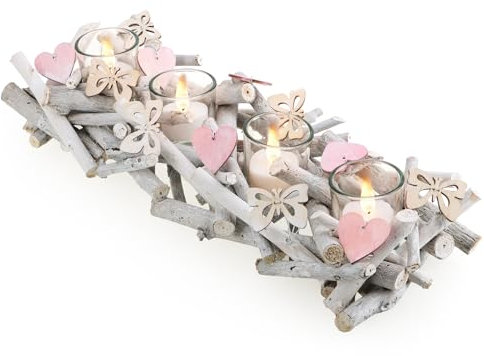 com-four® Kerzenhalter aus Holz - Teelicht-Halter mit Schmetterlingen und Herzen - Holz-Lichterschale - moderner Kerzenteller als Tischdeko - dekoratives Windlicht (Kerzenhalter-weiß)