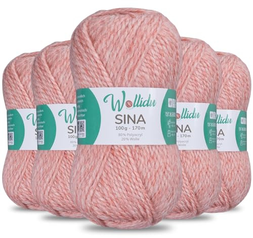 Wollidu Sina Wolle zum Stricken und Häkeln 500g Premium Strickwolle/Häkelwolle Set OEKO-TEX zertifiziert 5 x 100g/170m 80% Polyacryl 20% Schafwolle mulesing-frei - Hellrosa Melange