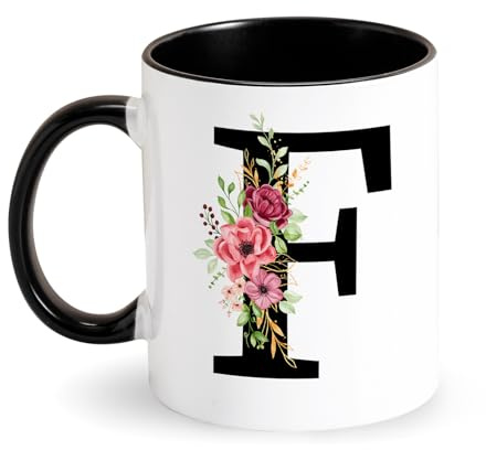 Tarklanda Taza Inicial Personalizada Taza con Letra y Flores Taza de Cerámica 350ML Tazas Inicial Tazas de Café Negro Regalos Originales para Mujeres, Colegas, Amigos en Cumpleaños (F)