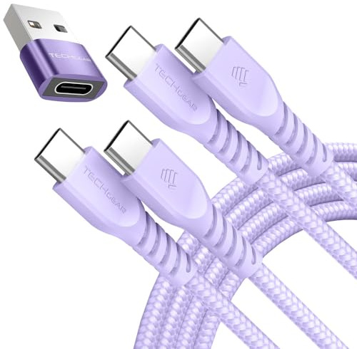 TECHGEAR Cavo caricabatterie da USB C a USB C 60 W (1 M+1 M+adattatore) Cavo intrecciato FORTE da tipo C a C Cavo dati a ricarica rapida compatibile con iPhone 15, iPad Pro 2022, iPad 10th 2022, MacBo