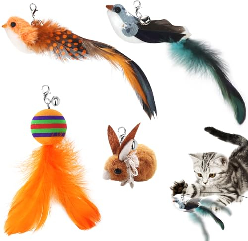 Interaktives Katzenspielzeug Vogel mit Federn Katzenangel Ersatzfedern 4 Stück Katzen Spielzeug Interaktiv Ersatz mit Glöckchen und Feder Interactive Cat Toys Federspielzeug für Kleine Große Katzen