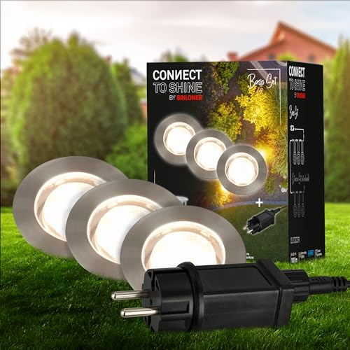 BRILONER - Connect to Shine 12V Gartensystem 3er Set LED Bodeneinbaustrahler, Basisset mit Trafo, IP67, warmweißes Licht, Gartenbeleuchtung, Bodeneinbauleuchten, 45x 25mm, Silberfarbig