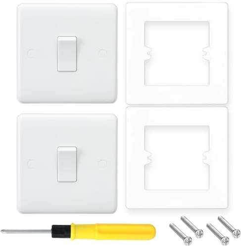 Acmerota 10A Electric Wall Light Switch 1 Gang 2 Way Curved Edge White 13 A 250 V A.C Single Wall Switch Pannel for Home Office School with 2Pcs Light Switch Surround