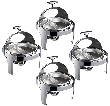 Chafing Dish Buffet Set Round Dining Warm Server Roll Top Hot Pot Buffet Set Five-Piece Set with Water and Food Dish Alcohol Stove Holder for Part/Birthdays,four