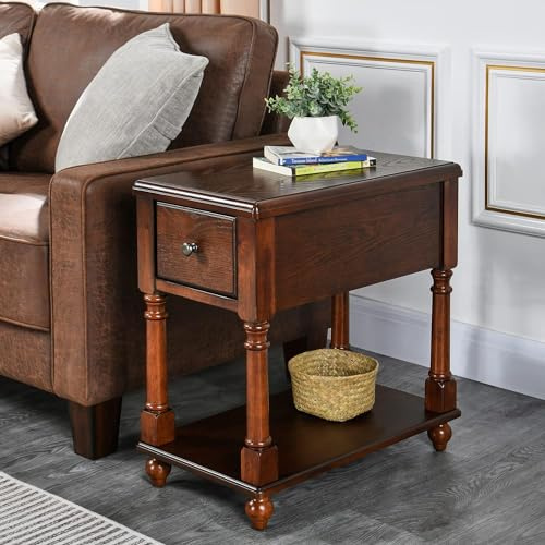 PADMA HOUSE Table d'appoint étroite avec tiroir, Table d'appoint en Bois Massif avec étagères, Fine à côté de la Table, téléphone pour Petits espaces, Salon (Brun Foncé)