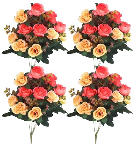 eurNhrN Fiori del cimitero per tomba, 4 mazzi rose finte 11,8 '' Fiori artificiali per tombe 12 Fiorni di seta Fiori commemorali arancione