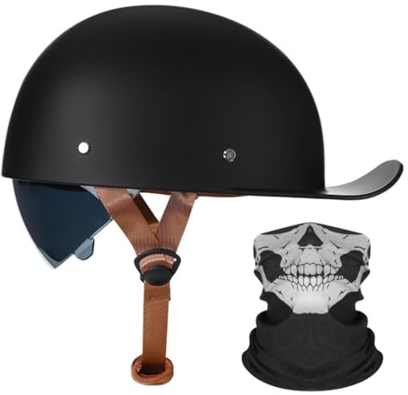 Motorrad Halbhelm Halbschalenhelm Baseballmütze-Helm ECE-Zulassung | Mit Gesichtsschutz Baseball Cap Motorradhelm Mit Schrumpfbare Braune Linsen Schnellverschluss 55-64CM
