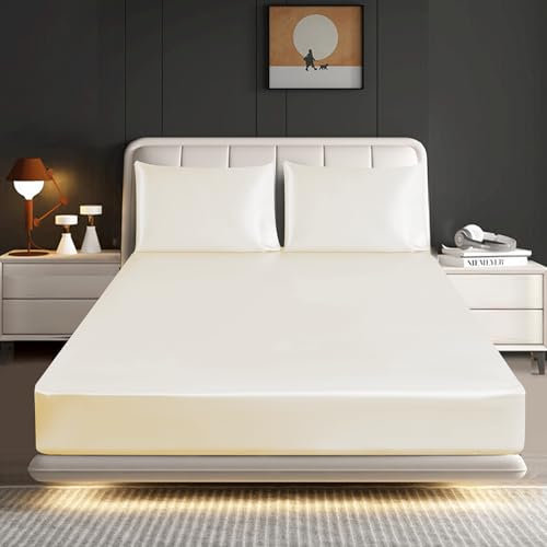 ROOEE Satin Silk Fitted Sheet with Pillowcase Set Breathable Soft Bedding Brushed Fabric Wrinkle, Shrinkage and Fade Resistant Bottom Bed Sheets (CREAM, King)