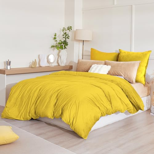 Beqnat Ropa de cama de franela de invierno de 220 x 240 cm, 3 piezas, cálida y mullida, con tacto de cachemira, forro polar, 1 funda nórdica + funda de almohada de 80 x 80 cm, con cremallera, amarillo