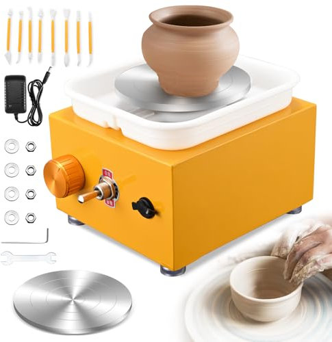 Tornio per Ceramica, Kooeuru Tornio per Argilla 2000 giri/min Velocità Regolabile con Piastre da 10/6,5 cm, Strumenti di Modellatura e Vasca Rimovibile, Tornio Ceramica per Bambini e Adulti, Giallo