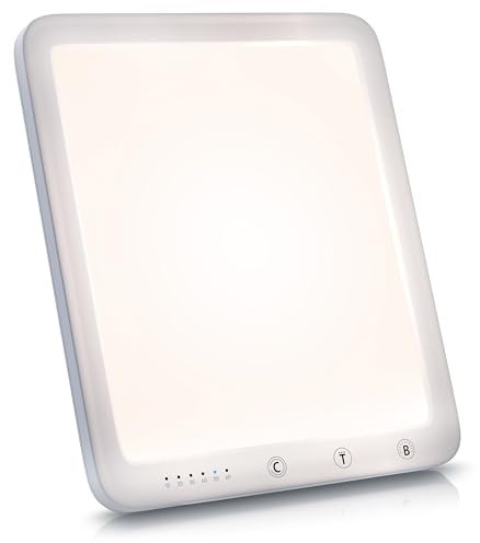CSL - Tageslichtlampe 10000 Lux dimmbar – LED Lichttherapie – Tageslichtleuchte mit LED Technologie – simuliertes Tageslicht für den Schreibtisch – 5 Helligkeitsstufen - 3 Lichttemperaturen - Timer