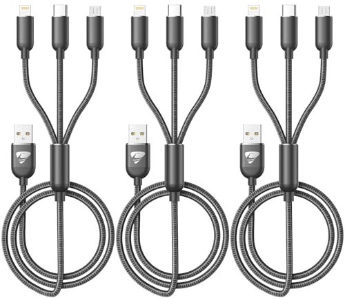 Multi Charger Cable, USB Charger Cable [3Pack 1.2M] Fast 3 in 1 Multiple USB Cable Nylon Braided with Micro USB Type C Lightning Connector for iPhone, Android Samsung, Huawei, Nexus, Nokia,LG, Sony