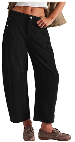 2025 Pantaloni da donna in velluto a coste Corduroy Mid Waist Pants Barrel Elastico Vita Straight Leg Pantaloni 7/8 Gamba dritta in cotone, pantaloni larghi harem, tinta unita, casual, con tasche in
