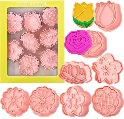 Plastica Stampi Biscotti,8 Pezzi Formine per Biscotti,Forme di Fiori Forme Biscotti Sakura Cookie Cutter 3D Sakura Fondant Timbri Mold per Biscotti da Forno Fai da Te