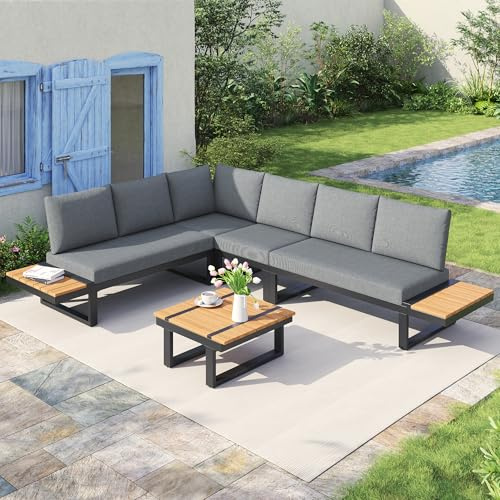 Dolamaní Garten-Lounge-Set, Ecksofa mit Verstellbarer Kippfunktion (5-stufig, bis 55°), verzinktes Stahlrohr, Tischplatte Kunststoff-Holz, mit Couchtisch, und Kissen für Garten (Grau)