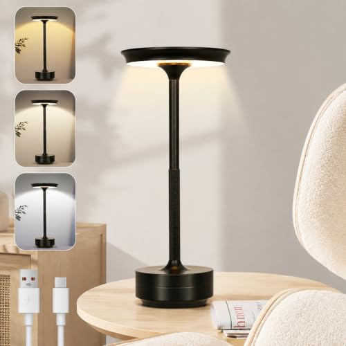 Tischlampe Kabellos LED, 3 Farbtemperaturen Stufenlos Dimmbare Tischleuchte | 3000 mAh Akku Nachttischlampe, Touch Lampe mit USB-C, Speicherfunktion für Outdoor & Esstisch, Schwarz, 1 Stück