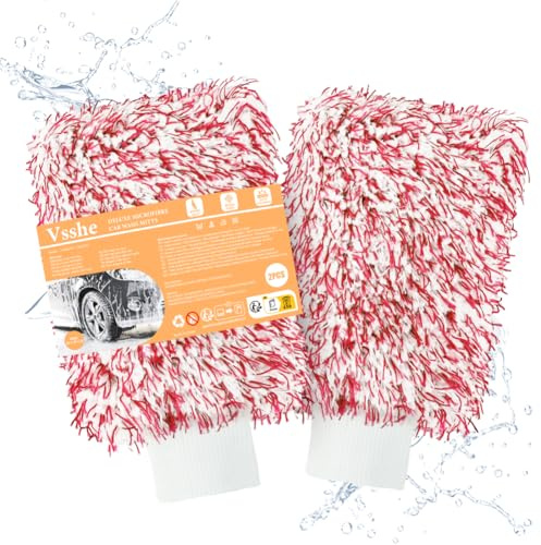 vsshe 2 Piezas Guante de Limpieza de Pelo Largo Vellón Coral, Guantes de Lavado de Coches para el Cuidado Profesional del Coche, Premium Ultrasuave Guante Limpieza Coches, Vidrio(Rojo y Blanco)