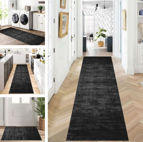 ZUZEKU Läufer Flur Küche Waschbar rutschfest 80X250cm Lang Schwarz Grau Küchenteppich Flurteppich Teppich Fur Korridor Wohnzimmer Schlafzimmer Meterware Anpassbar