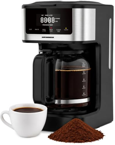 HEINNER Filterkaffeemaschine 12 Tassen mit Timer – digitales Display, Glaskanne, Warmhaltefunktion, Tropfstopp, Selbstreinigung – Kaffeemaschine 900 W, Edelstahl – HCM-DD900BKSS