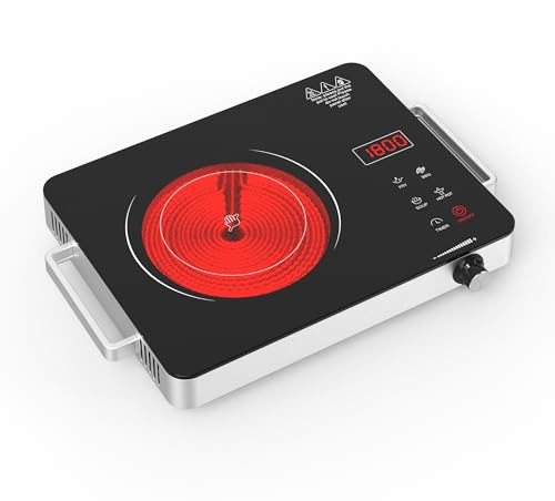WABK Portable Electric Cooktop, 1800W Infrared Hot Plate Countertop Burner with Handle, 110V Single Burner Electric Stove with Knob & Touch Control, 4-Hours Timer & 10 Power Levels for Home Camping