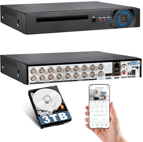 KERUI 16 Channel Security Recorder DVR for Security Camera, 16CH Surveillance Video Recorder,5MP Hybrid 6-in-1 Camera DVR AHD/TVI/CVI/CVBS/IP XVI with Human Detection,24/7 Recording(with 3TB HDD)