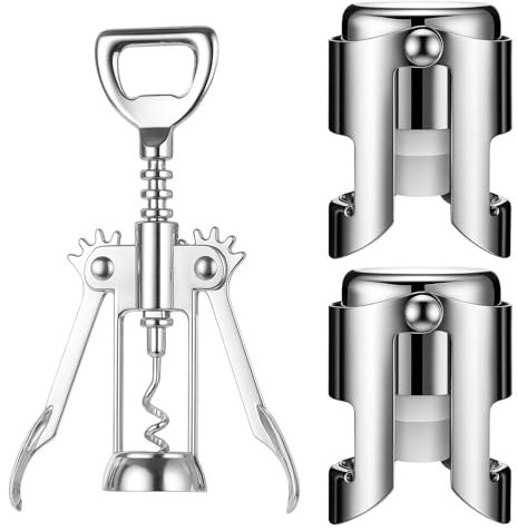 1 Pcs Wine Bottle Opener and 2 Pcs Champagne Stoppers Set, Corkscrew Wine Opener with Stainless Steel Champagne Stoppers, Essential Bar Accessories for Wine Lovers