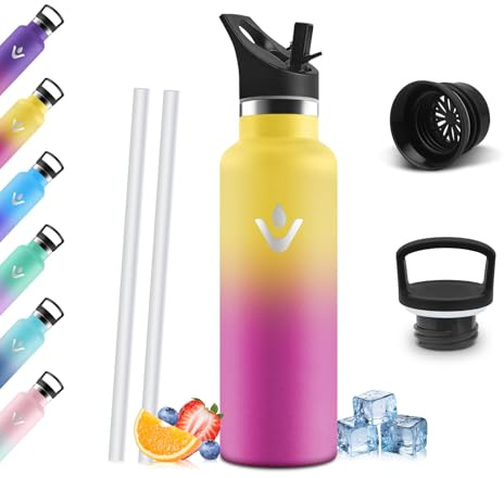 Gourde Isotherme 500 ML, Gourde INOX avec Paille, Réutilisable, Bouteille d'eau sans BPA, Anti-Fuite, Isolation sous Vide en Acier Inoxydable à Double Paroi, pour Enfants, Adultes, Sport