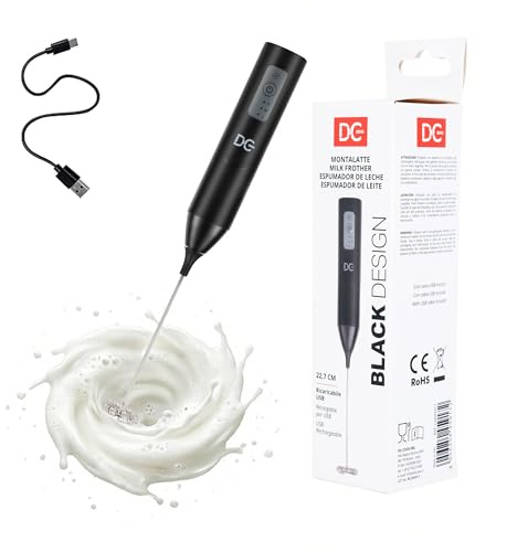 DC Casa Linea Black Montalatte Elettrico Ricaricabile USB – Frullino per Latte in Acciaio e ABS – 3 Velocità – Cappuccino, Latte Macchiato, Matcha – 3,7x22,7 cm