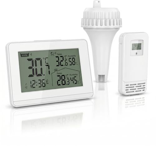 CSL - Funk Wetterstation mit Außensensor - inkl. Pool Thermometer - digital – Funkuhr - Wassertemperatur Innentemperatur Außentemperatur Luftfeuchtigkeit - schwimmend – DCF Uhrzeit