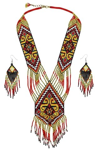 LKBEADS Collier Gerdan ukrainien folklorique à rosette avec boucles d'oreilles assorties, perles de rocaille, bijoux traditionnels multicolores faits main, bijoux ukrainiens |LK_UKRN_0208
