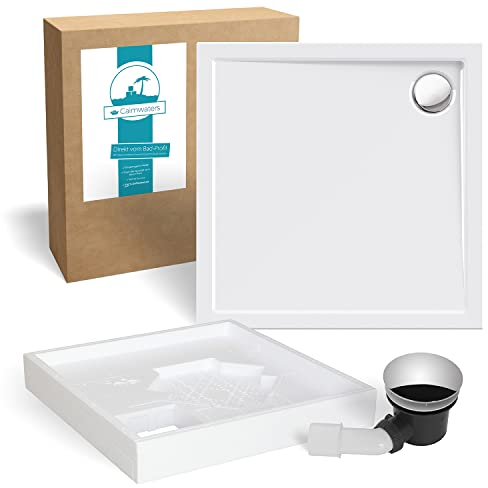 Calmwaters® Duschwannen-Set Modern Select, Flache Acryl-Brausewanne mit Wannenträger und Excenter-Ablaufgarnitur, 80 x 80 x 2,5 cm, Komplettset Acrylwanne, Bodengleicher Einbau, Weiß, 99000119