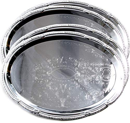Maro Megastore (Pack of 4) 14.7 x 10.6 Oval Shape Chrome Plated Serving Tray Plate Food Art Deco Floral Pattern Engraved Multi-Purpose Holiday Party Buffet Wedding Birthday (Large) T125L-4PK