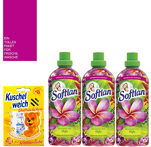 5tlg. STUDIO.MUNET Set kompatibel 3x650ml Softlan Weichspüler Ultra Bouquet der Düfte Paradise Collection 24|7 93WL | Kuschelweich Duftsäckchen – Box Wilde Vanille | STUDIO.MUNET Mini-Bag