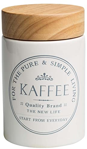 KHG Kaffeedose luftdicht, 250g Kaffeebohnen 300-400g Kaffeepulver, Vorratsdose Kaffee Aufbewahrung Keramik Steingut Weiß Holzdeckel Bambus, Oberfläche glänzend glasiert Emaille, rund, beschriftet