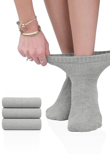 Hugh Ugoli Calzini Donna Diabetici in Bambù, 3 Paia, Calzini Corti Morbidi e Traspiranti, Extra Larghi per Caviglie Gonfie, Bordo Senza Elastico e Punta Senza Cuciture, Grigio chiaro, Taglia 36-39