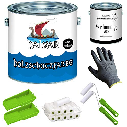 Halvar Holzschutzfarbe skandinavische Wetterschutzfarbe mit PREMIUM Lackier-Set + Verdünnung (1 L) Holz-Lack wetterbeständiger Langzeitschutz (10 L, Dunkelbraun)