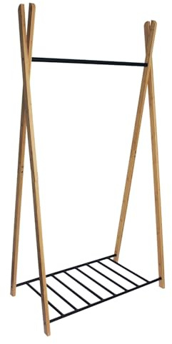 Box and beyond - Portant à Vêtements Yaka - 93 x 50 x 173 cm - Bois Naturel et Métal Noir - Étagère - Forme Tipi - Portant, Porte-Manteaux - Vêtements, Chaussures - Entrée, Chambre - Style Original