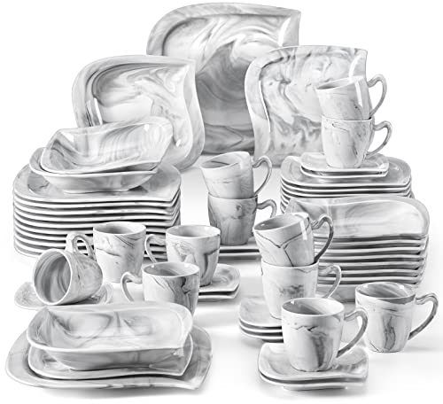 MALACASA serie Elvira Grey Vajillas Completas Modernas de 60 pcs Vajillas de Porcelana Marmol con Platos Llanos/Hondos/Postre, Tazas de Café y Platillos para 12 Personas