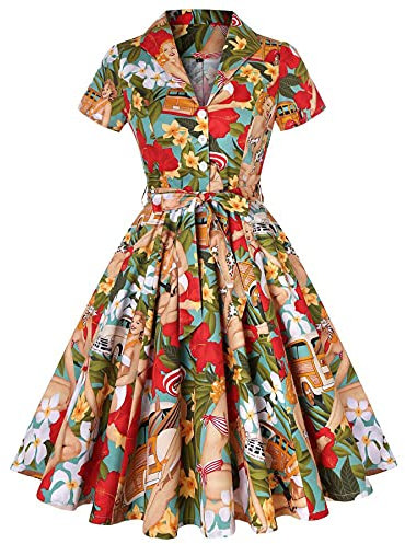 WXDSNH Kleid Printed Lace-up Retro Sexy Revers Offener Kragen Kurze Ärmel Frisch Mit Gürtel Damen Kleider Vintage A-Linie Midi V-Ausschnitt Knopf Party