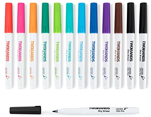 TWOHANDS Whiteboard Marker Set,12 Whiteboard Stifte Dünne Spitze,11 Farben, Rundspitze 0.7mm,Abwischbar - für Flipchart,Magnettafel,Memoboard,20529