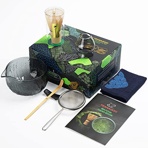 TEANAGOO Batidor de Matcha Japonés (7pcs) Matcha Set Mtacha Kit Tazón de Matcha con pico vertedor Batidor de Matcha de bambú (chasen) N22,Vidrio Gris Oscuro