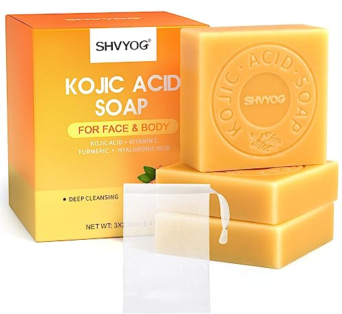 Kojisäure-Seife, Kurkuma Seifenstück, Vitamin C Seifenstück, Entfernen dunkler Flecken, sanfte Seife für Akne, Mitesser, Tiefenreinigung für Gesicht und Körper mit einem Schaumnetz (3 Stück)