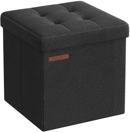 SONGMICS Sitzhocker mit Stauraum, kleine klappbare Sitzbank, 30 x 30 cm Fußbank, Aufbewahrungsbox, bis 130 kg belastbar, für Wohnzimmer Schlafzimmer Schlafsaal, tintenschwarz LSF028B01