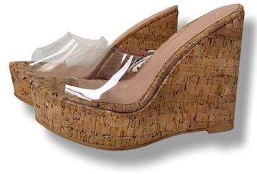Frankie Hsu Sandalias de cuña de plataforma sexy para mujer, transparente PVC de tacón alto de madera de roble punk, zapatos unisex para mujeres y hombres