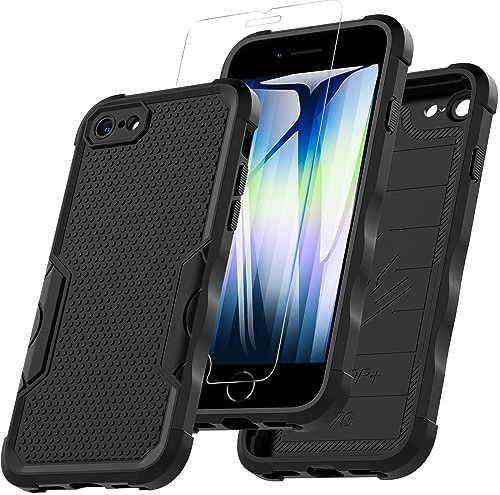 Hensinple Hülle für iPhone SE 2020/ iPhone SE 2022/ iPhone 8/ iPhone 7 mit 9H Displayschutz-Glas, Stoßfest Rugged Schutzhülle Fallschutz Handyhülle TPU Outdoor Case mit Kameraschutz (Schwarz)