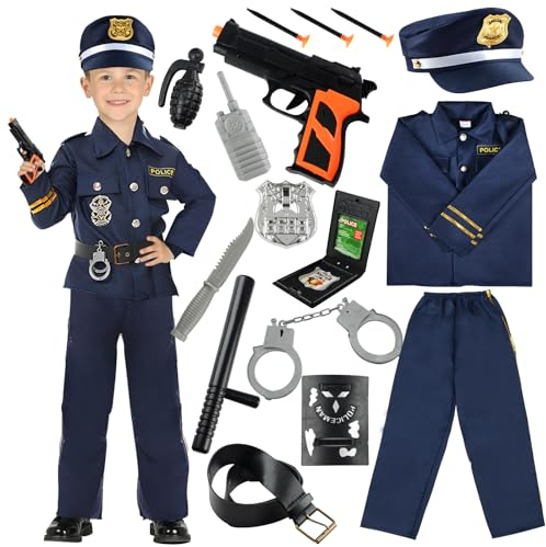 VICTERR Disfraz Policia Niño, Disfraz de Policia Niño De Juego Rol con Policía Camisa Pantalones Sombrero Cinturón Policía Placa Esposas Walkie Talkie para Niños Halloween Fiesta Carnaval