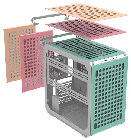 Cooler Master QUBE 500 Flatpack Macaron Small High Airflow Mid-Tower ATX anpassbares Gaming-PC-Gehäuse, gehärtetes Glas, vertikale GPU-Halterung, USB-C, Tragegriff, Gem Mini (Q500-DGNN-S00)