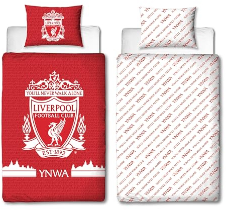 Character World Liverpool FC Offizielles Bettwäsche-Set für Einzelbett, Farbdesign, wendbar, 2-seitig, Fußball-Bettwäsche, offizielles Lizenzprodukt, inkl. passendem Kissenbezug