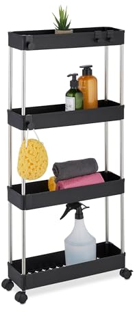 Relaxdays Nischenwagen, 4 Etagen, mit Rollen, Küche, Bad, Rollwagen, 88 x 41,5 x 14,5 cm, Kunststoff, Edelstahl, schwarz